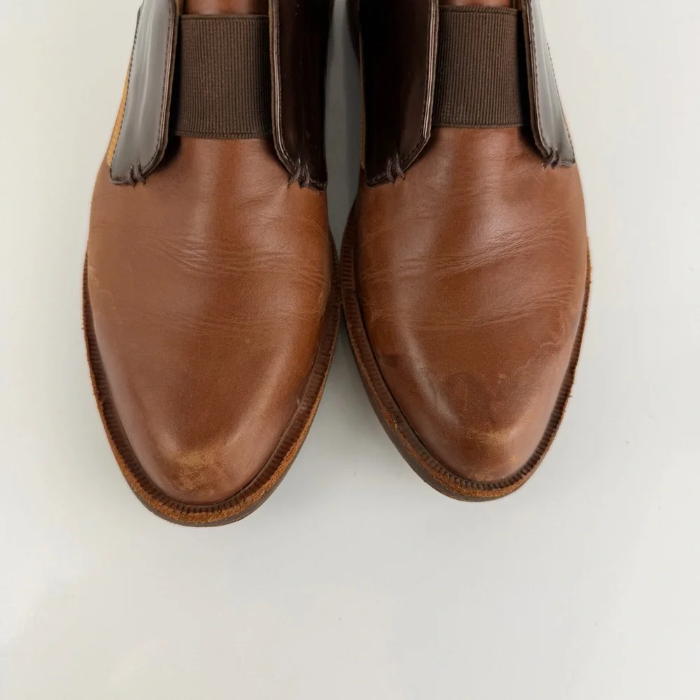 John Fluevog Brown and Dark Brown Leather Slip-On Shoes